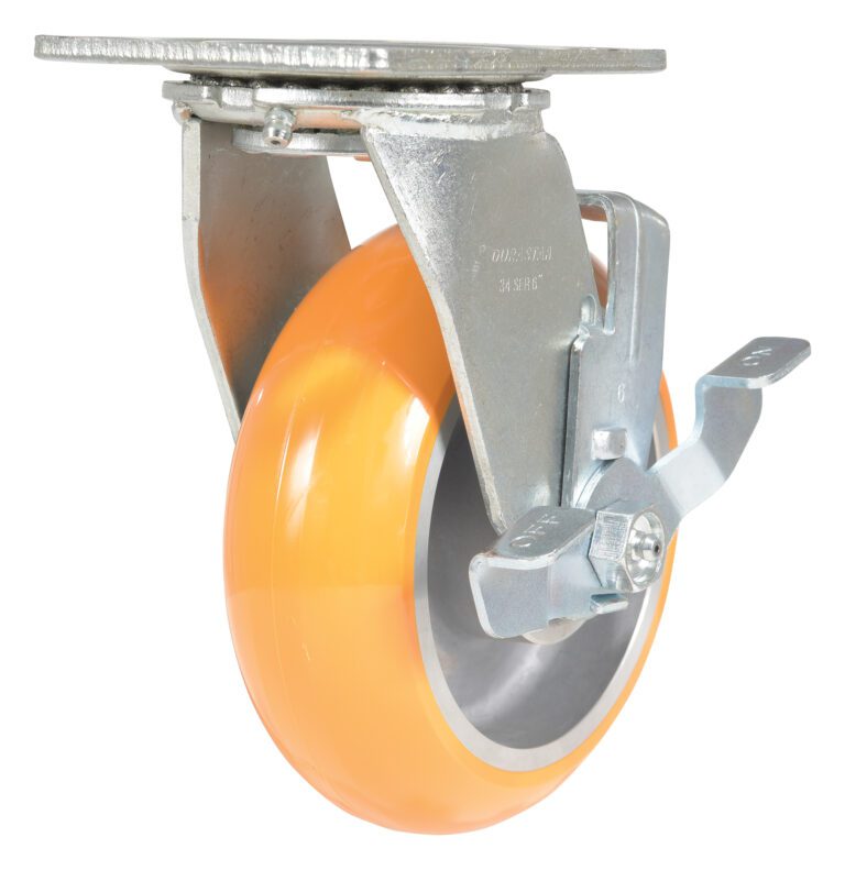 The Vestil 6X2 Aluminum Swivel W/ Brake includes a swiveling caster with a bright orange polyurethane tire, mounted on a silver metal bracket with locking lever for smooth rotation and enhanced mobility.