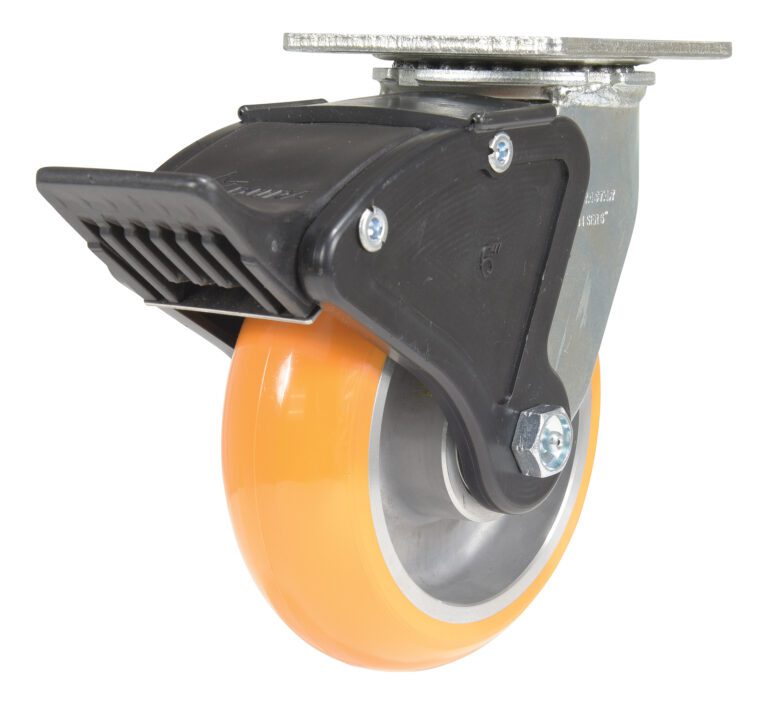 CST-F34-6X2SI-SWTB1_A.jpg The Vestil 6X2 Aluminum Swivel W/ Total Brake boasts an orange rubber tire, a strong metal frame, and a sleek black brake mechanism for stability and style against a white backdrop.