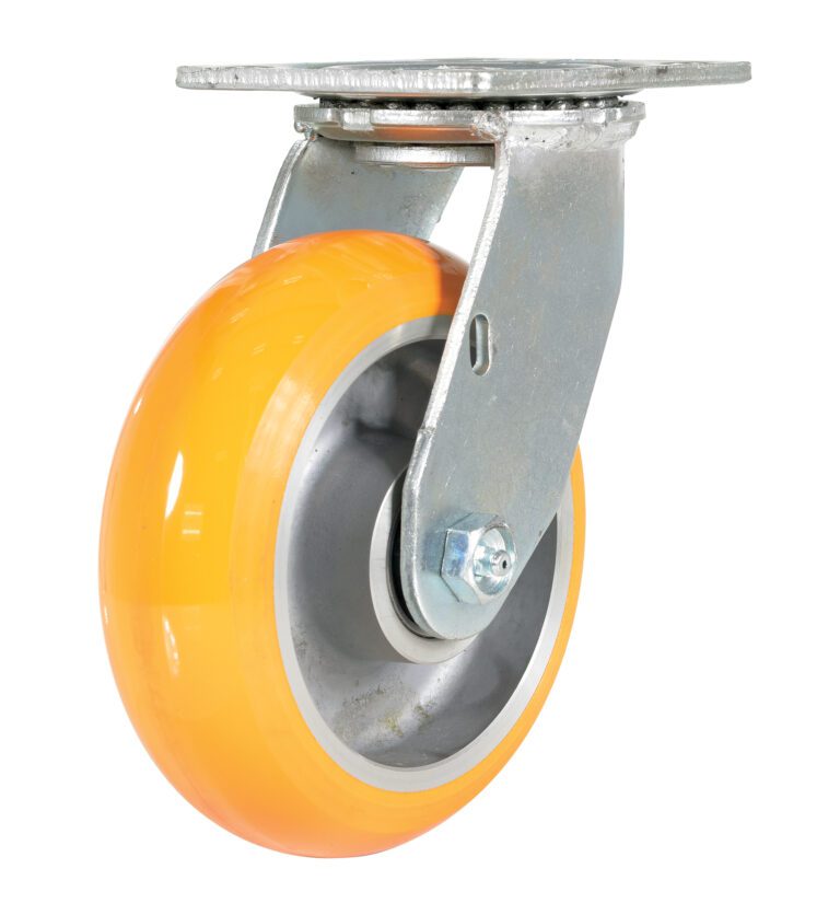 The image showcases the Vestil 6X2 Aluminum Swivel, featuring an orange rubber wheel and a gray metal bracket. This robust caster is securely mounted on a sturdy plate, providing smooth mobility and easy maneuverability for your equipment.