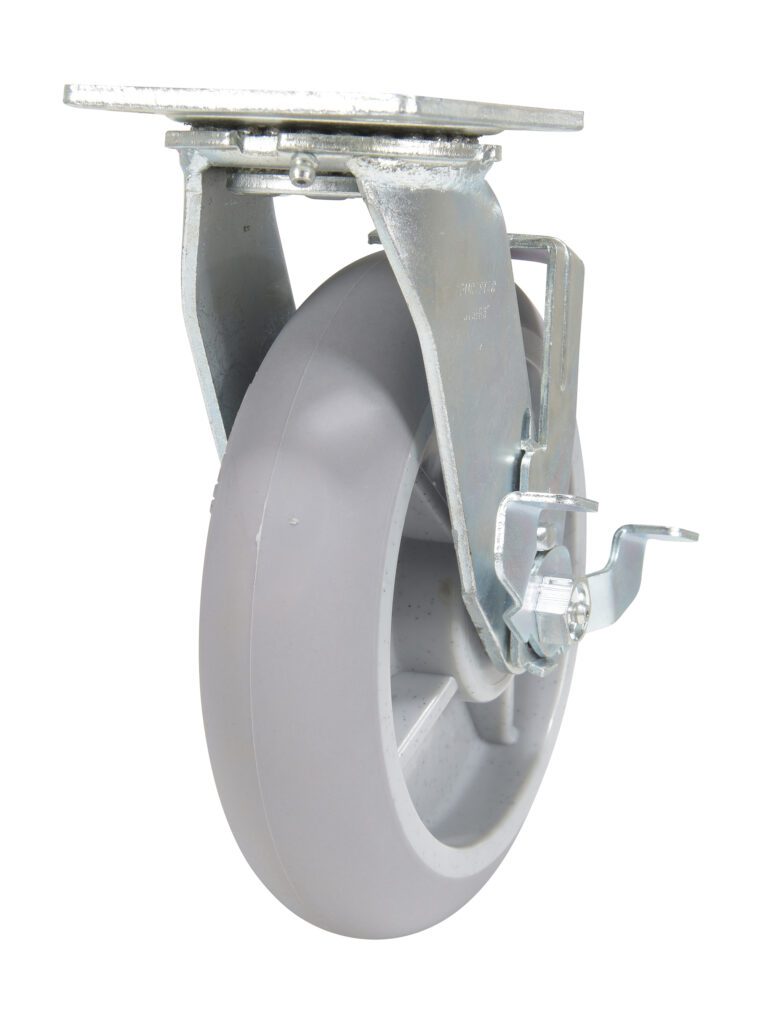 The Vestil 8X2 Polyolefin Swivel W/ Brake features a gray rubber wheel and a reliable locking mechanism. It attaches securely with screws on a metal plate, presented on a white background, blending functionality and sleek design.