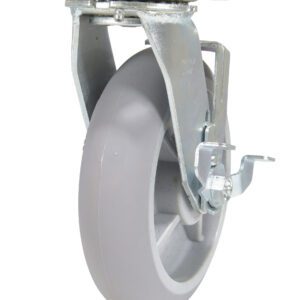 The Vestil 8X2 Polyolefin Swivel W/ Brake features a gray rubber wheel and a reliable locking mechanism. It attaches securely with screws on a metal plate, presented on a white background, blending functionality and sleek design.