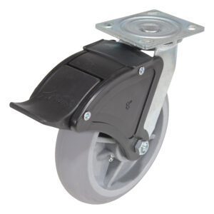 The Vestil 8X2 Polyolefin Swivel W/ Total Brake features a sleek gray design and a black braking mechanism on a sturdy metal plate, perfect for furniture or equipment. It ensures easy movement and offers both mobility and stability.