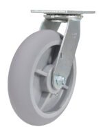 The Vestil 8X2 Polyolefin Swivel caster wheel, featuring a gray design and smooth tread, is mounted on a sturdy metal bracket. This durable wheel enhances the mobility of carts and furniture, ensuring seamless movement across various surfaces.