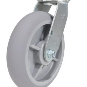 The Vestil 8X2 Polyolefin Swivel caster wheel, featuring a gray design and smooth tread, is mounted on a sturdy metal bracket. This durable wheel enhances the mobility of carts and furniture, ensuring seamless movement across various surfaces.
