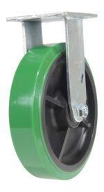 A green wheel with a black core, similar to a Vestil 8X2 Polyolefin Rigid, is mounted on a metal bracket featuring a swivel mechanism and bolt, suggesting its used in caster assemblies for furniture or equipment.