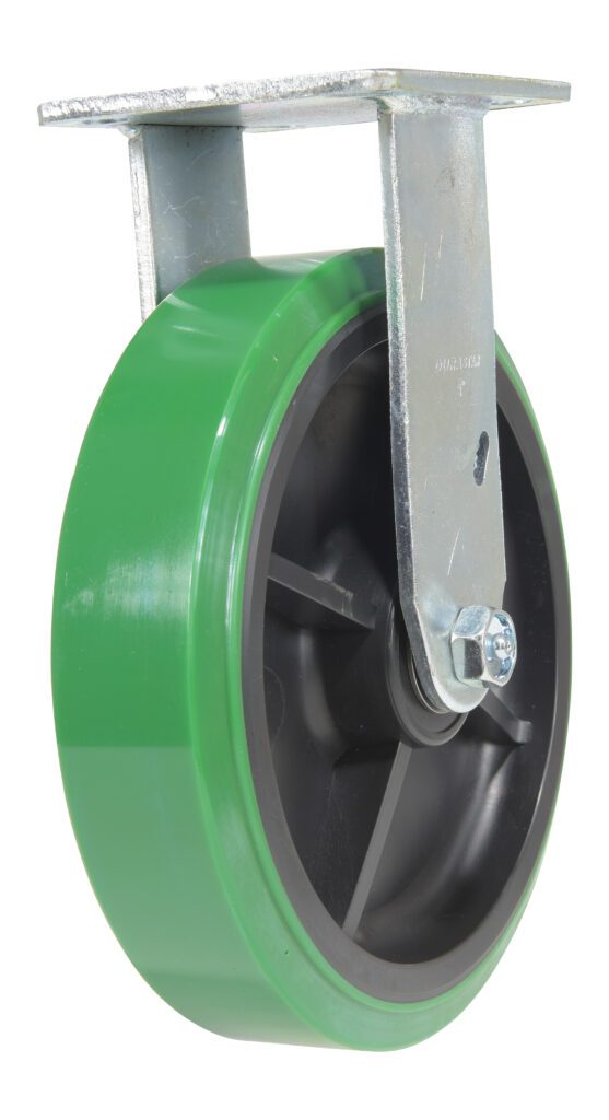 CST-F34-8X2DT-R_A.jpg A green wheel with a black core, similar to a Vestil 8X2 Polyolefin Rigid, is mounted on a metal bracket featuring a swivel mechanism and bolt, suggesting its used in caster assemblies for furniture or equipment.