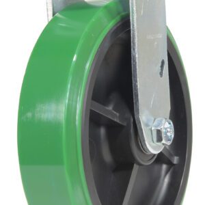A green wheel with a black core, similar to a Vestil 8X2 Polyolefin Rigid, is mounted on a metal bracket featuring a swivel mechanism and bolt, suggesting its used in caster assemblies for furniture or equipment.