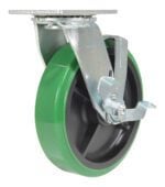 A green rubber caster wheel resembling the Vestil 8X2 Polyolefin Swivel W/ Brake features a metal bracket, locking mechanism, and metal plate mount for furniture or equipment, with a side-visible locking lever.