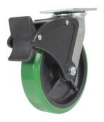 The Vestil 8X2 Polyolefin Swivel W/ Total Brake is a heavy-duty green wheel caster with a metal bracket and black protective cover, featuring a visible bolt for attachment. Its designed for industrial use, ensuring optimal performance and reliability.