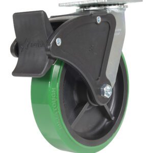 The Vestil 8X2 Polyolefin Swivel W/ Total Brake is a heavy-duty green wheel caster with a metal bracket and black protective cover, featuring a visible bolt for attachment. Its designed for industrial use, ensuring optimal performance and reliability.