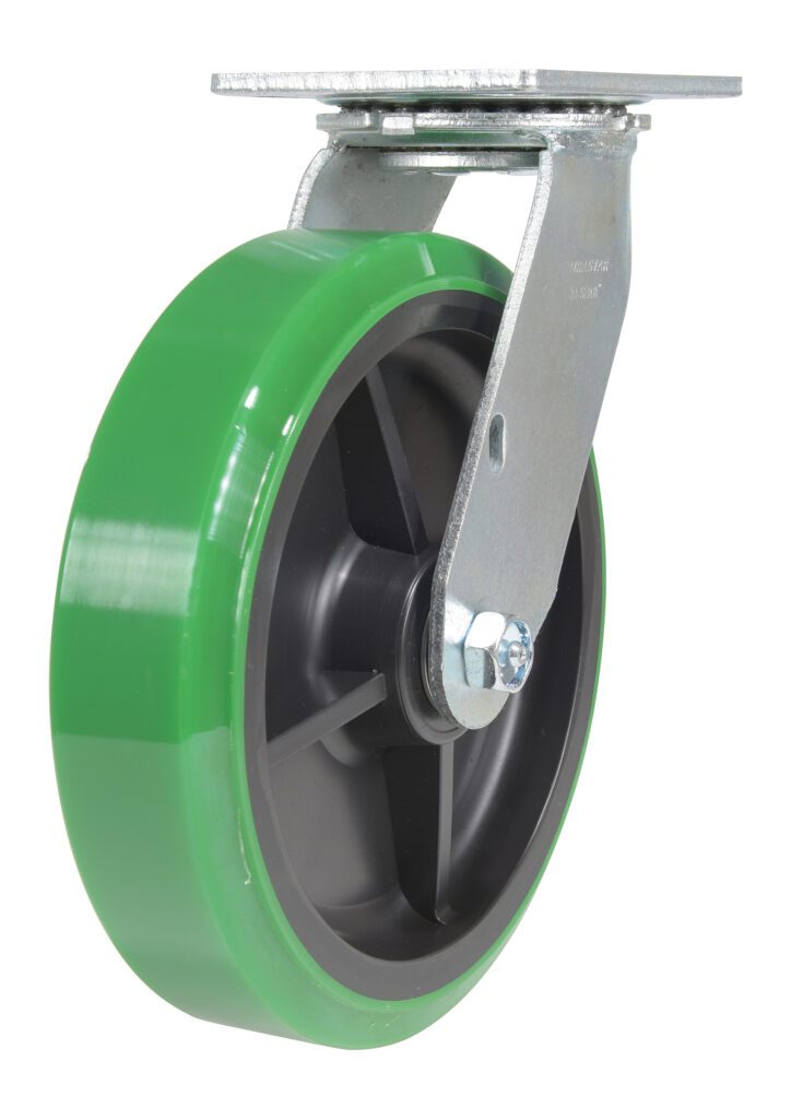 CST-F34-8X2DT-S_A.jpg The Vestil 8X2 Polyolefin Swivel boasts a green wheel with a black center, mounted on a metal bracket. Its swivel plate ensures smooth rotation, and the bolt attachment allows easy mobility on various surfaces.