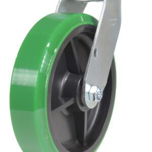 The Vestil 8X2 Polyolefin Swivel boasts a green wheel with a black center, mounted on a metal bracket. Its swivel plate ensures smooth rotation, and the bolt attachment allows easy mobility on various surfaces.