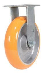 The Vestil 8X2 Aluminum Rigid caster has an orange, smooth-surface wheel on a sturdy metal bracket with a central axle bolt for secure attachment, offering stability and easy maneuverability for industrial use.