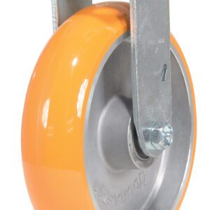 The Vestil 8X2 Aluminum Rigid caster has an orange, smooth-surface wheel on a sturdy metal bracket with a central axle bolt for secure attachment, offering stability and easy maneuverability for industrial use.