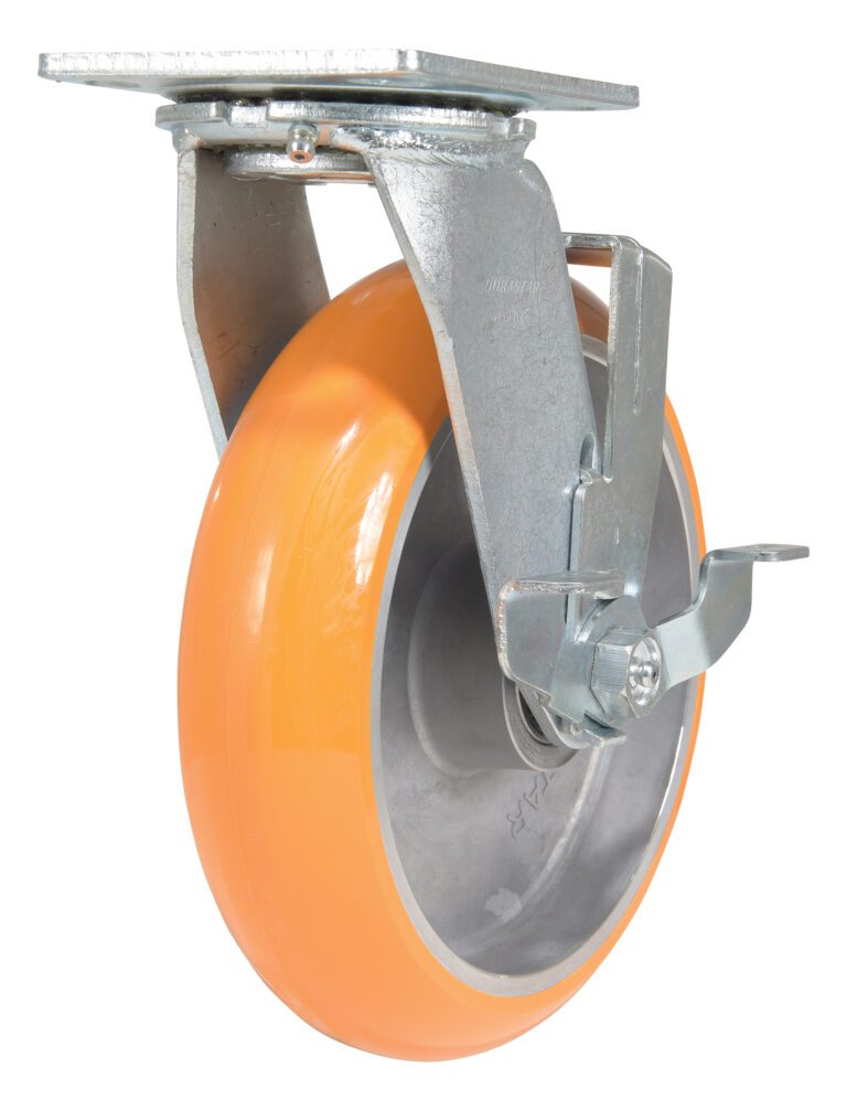 The Vestil 8X2 Aluminum Swivel W/Brake features a metallic frame with an orange rubber tire, a locking mechanism, and a mounting plate. Ideal for industrial use, it stands upright against a white background to enhance mobility needs.