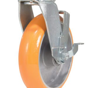 The Vestil 8X2 Aluminum Swivel W/Brake features a metallic frame with an orange rubber tire, a locking mechanism, and a mounting plate. Ideal for industrial use, it stands upright against a white background to enhance mobility needs.