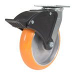 The Vestil 8X2 Aluminum Swivel W/ Total Brake has an orange polyurethane wheel and black plastic brake, mounted on a metal plate with screws and bolts for seamless mobility and secure placement.