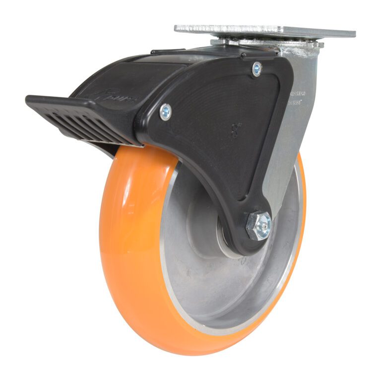 The Vestil 8X2 Aluminum Swivel W/ Total Brake has an orange polyurethane wheel and black plastic brake, mounted on a metal plate with screws and bolts for seamless mobility and secure placement.