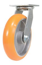 A single orange rubber caster wheel with a silver metal mount, similar to the sturdy Vestil 8X2 Aluminum Swivel, features a swivel mechanism and is attached to a bracket with a flat mounting plate, perfect for furniture or carts.