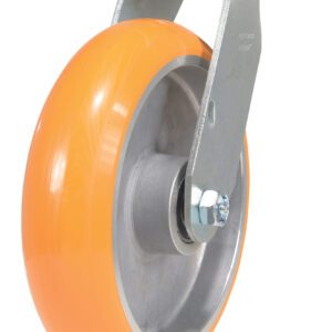 A single orange rubber caster wheel with a silver metal mount, similar to the sturdy Vestil 8X2 Aluminum Swivel, features a swivel mechanism and is attached to a bracket with a flat mounting plate, perfect for furniture or carts.