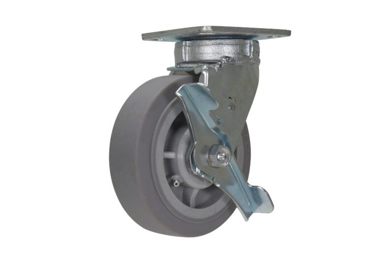 The Vestil 6 X 2 Tpr/Polyolefin Hub Swiv W/Brk has a gray swivel caster with a metal mounting plate and brake lever, providing durability and smooth mobility with its strong metal frame and rubber-like wheel.