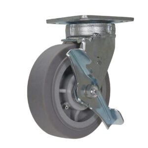 The Vestil 6 X 2 Tpr/Polyolefin Hub Swiv W/Brk has a gray swivel caster with a metal mounting plate and brake lever, providing durability and smooth mobility with its strong metal frame and rubber-like wheel.