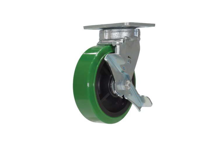 CST-F40-6X2DT-SWB_A.jpg The Vestil 6 X 2 Poly/Polyolefin Hub Swiv W/Brk is a green caster wheel with a black core and metal bracket, presented on a white background, featuring a side locking mechanism.