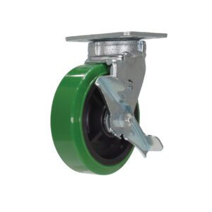 The Vestil 6 X 2 Poly/Polyolefin Hub Swiv W/Brk is a green caster wheel with a black core and metal bracket, presented on a white background, featuring a side locking mechanism.