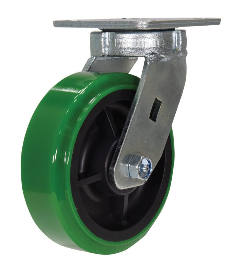 CST-F40-6X2DT-S_A.jpg The Vestil 6 X 2 Poly/Polyolefin Hub Swivel wheel has a green hub with a metal swivel bracket and mounting plate. Its black inner part is secured with a visible nut and bolt, providing smooth maneuverability.