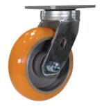 A close-up of the Vestil 6 X 2 Poly/Aluminum Hub Swivel features its orange, shiny surface with a gray core secured by a bolt, while the sturdy metal bracket ensures smooth rotation and movement.