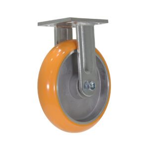 A Vestil 8 X 2 Poly/Aluminum Hub Rigid caster with an orange tire and metallic gray core is shown vertically against a white background, featuring a metal mounting plate for attachment.