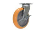 The Vestil 8 X 2 Poly/Aluminum Hub Swiv W/Brk is equipped with an orange rubber tire on a metal bracket, featuring a reliable locking mechanism and attached to a square plate for easy installation.