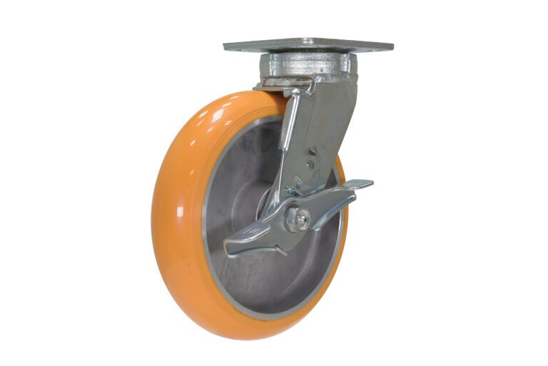 The Vestil 8 X 2 Poly/Aluminum Hub Swiv W/Brk is equipped with an orange rubber tire on a metal bracket, featuring a reliable locking mechanism and attached to a square plate for easy installation.