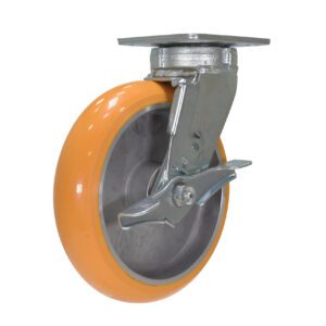 The Vestil 8 X 2 Poly/Aluminum Hub Swiv W/Brk is equipped with an orange rubber tire on a metal bracket, featuring a reliable locking mechanism and attached to a square plate for easy installation.