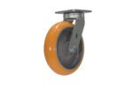An image features the Vestil 8 X 2 Poly/Aluminum Hub Swivel, highlighted by a metal bracket and plate. The upright orange wheel, with its rubber-like texture, emphasizes its circular shape and top swivel mechanism.