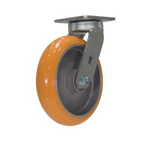 An image features the Vestil 8 X 2 Poly/Aluminum Hub Swivel, highlighted by a metal bracket and plate. The upright orange wheel, with its rubber-like texture, emphasizes its circular shape and top swivel mechanism.