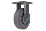 The Vestil 6 X 2 Duratek Tpr, Rigid caster wheel is displayed from a side angle. It has a single grey design with a metal frame and flat mounting plate, featuring a smooth surface ideal for heavy-duty applications.