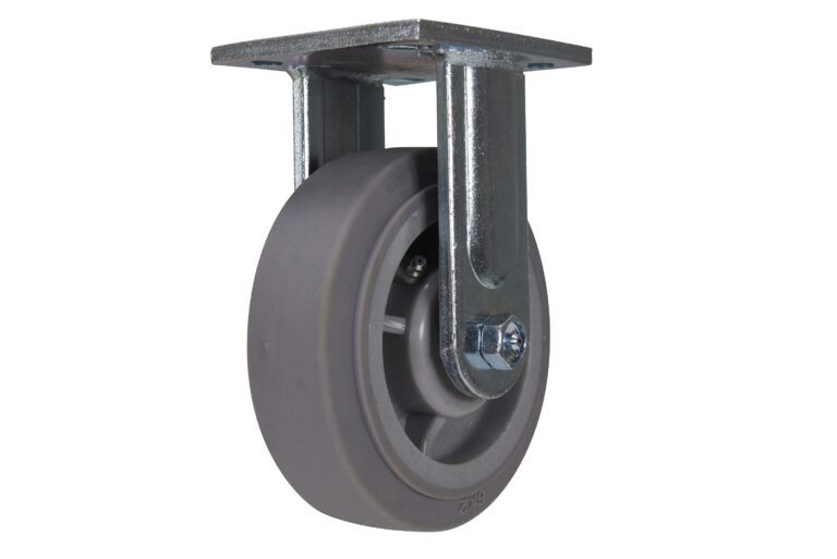 The Vestil 6 X 2 Duratek Tpr, Rigid caster wheel is displayed from a side angle. It has a single grey design with a metal frame and flat mounting plate, featuring a smooth surface ideal for heavy-duty applications.