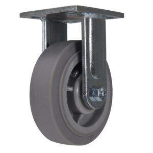 The Vestil 6 X 2 Duratek Tpr, Rigid caster wheel is displayed from a side angle. It has a single grey design with a metal frame and flat mounting plate, featuring a smooth surface ideal for heavy-duty applications.