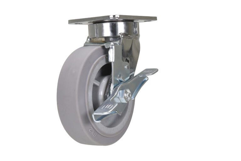 The Vestil 6 X 2 Duratek TPR swivel caster wheel with a metal bracket and brake lever is perfect for mounting under furniture or equipment, offering smooth mobility and secure positioning.
