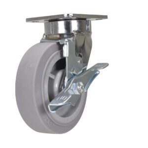 The Vestil 6 X 2 Duratek TPR swivel caster wheel with a metal bracket and brake lever is perfect for mounting under furniture or equipment, offering smooth mobility and secure positioning.