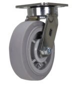 The Vestil 6 X 2 Duratek Tpr Swivel is a single gray caster wheel featuring a smooth rubber surface, metal bracket, and mounting plate. Its angled to show the side and top, with a central bolt securing it in place.