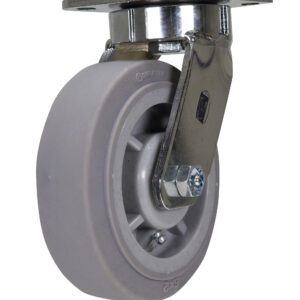The Vestil 6 X 2 Duratek Tpr Swivel is a single gray caster wheel featuring a smooth rubber surface, metal bracket, and mounting plate. Its angled to show the side and top, with a central bolt securing it in place.