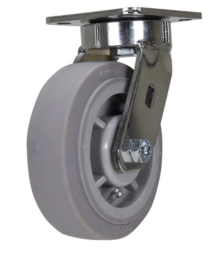CST-FC47-6X2DK-S_A.jpg The Vestil 6 X 2 Duratek Tpr Swivel is a single gray caster wheel featuring a smooth rubber surface, metal bracket, and mounting plate. Its angled to show the side and top, with a central bolt securing it in place.