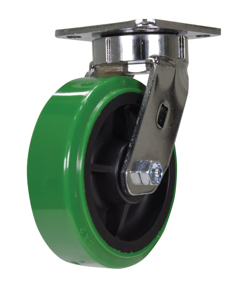 CST-FC47-6X2DT-S_A.jpg The Vestil 6 X 2 Duratough Ptu, Swivel features a green swivel caster wheel with a shiny metal mounting plate and bracket. Its black interior is designed to enhance mobility and support furniture or equipment.
