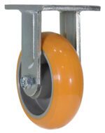 The Vestil 6 X 2 Sirius Pu features a rigid design with an orange rubber layer and silver metal frame. Mounted on a sturdy bracket, its ideal for industrial or furniture use.