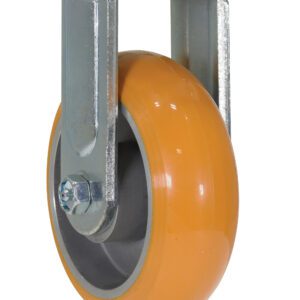 The Vestil 6 X 2 Sirius Pu features a rigid design with an orange rubber layer and silver metal frame. Mounted on a sturdy bracket, its ideal for industrial or furniture use.