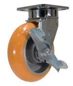 The Vestil 6 X 2 Sirius Pu, Swivel W/Brake has a silver swivel caster with an orange rubber tire and mounted brake, securely attached to a flat metal plate for easy fastening.