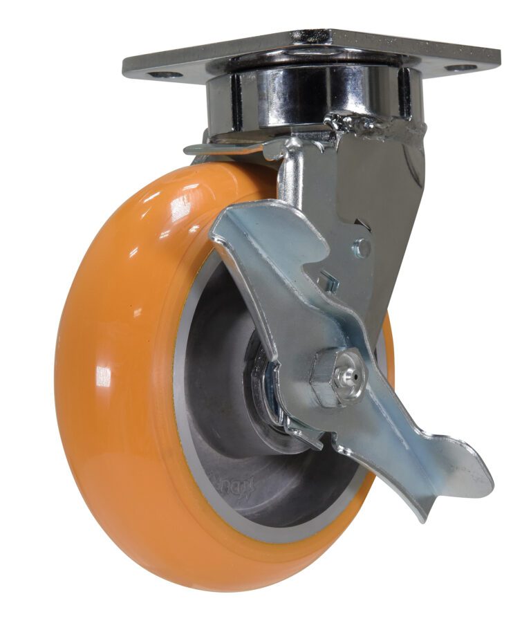 The Vestil 6 X 2 Sirius Pu, Swivel W/Brake has a silver swivel caster with an orange rubber tire and mounted brake, securely attached to a flat metal plate for easy fastening.