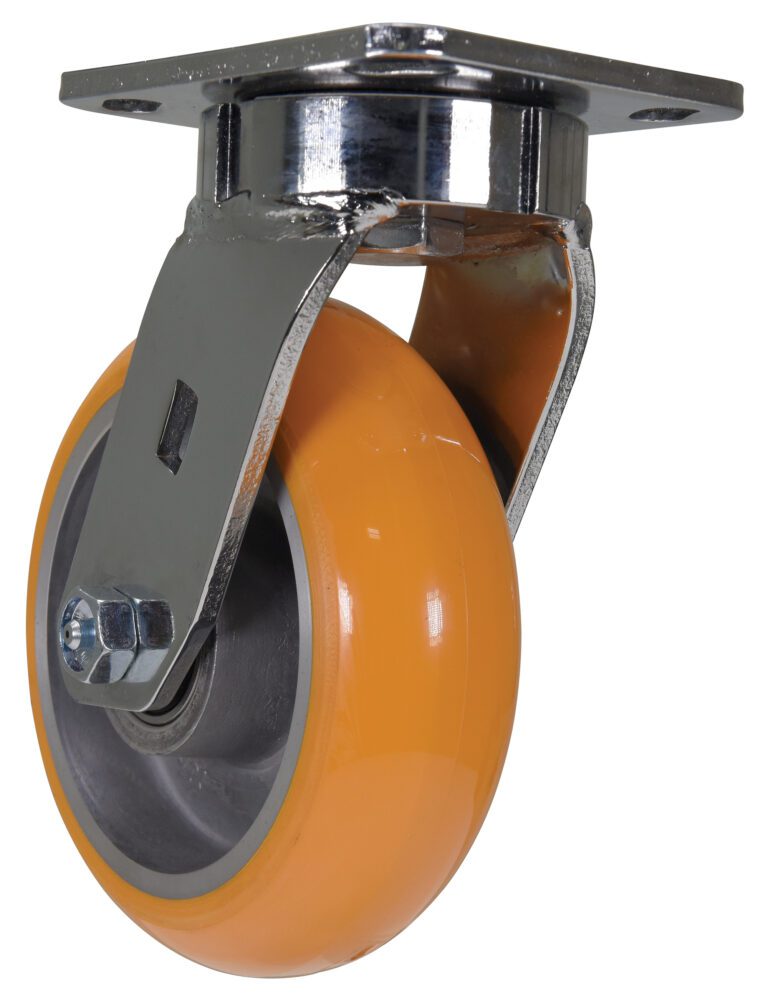 CST-FC47-6X2SI-S_A.jpg The Vestil 6 X 2 Sirius Pu Swivel features an orange rubber tire on a shiny metal bracket with a square mounting plate, highlighting the wheels axle and support structure.